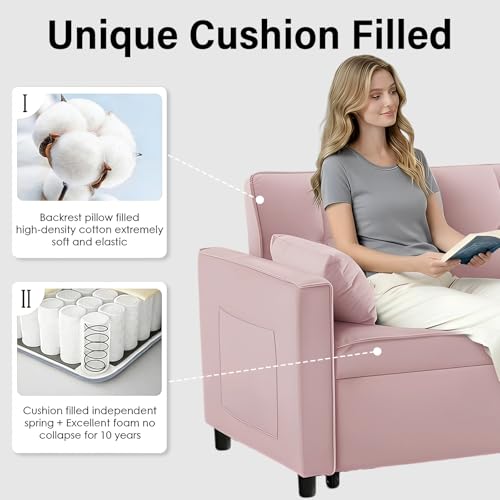 3 in 1 Convertible Sleeper Sofa Bed, Velvet Loveseat Futon Pull-Out Couch with Adjustable Reclining Backrest, Side Pockets and Pillows for Living Room, Bedroom, Apartment, Small Spaces (Pink-Velvet) - color: Pink-velvet
