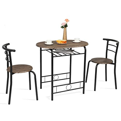 VINGLI 3 Piece Dining Set,Small Kitchen Table Set for 2,Breakfast Table Set for 2,Kitchen Wooden Table and 2 Chairs for Small Space/Dining Room/Apartment,Metal Frame,Wine Rack,Rustic - color: Rustic