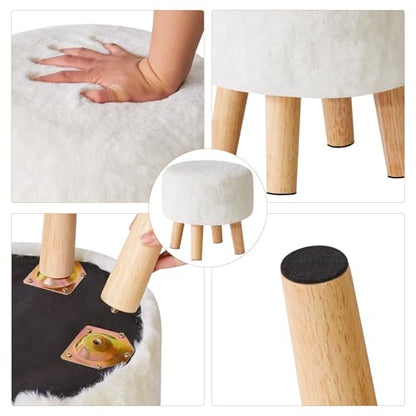 YMYNY Round Pouf Ottoman, 12.6" Small Foot Stool, White HBD035W | Faux Fur, Wood Legs, Foot Rest for Couch, Modern Boho for Living Room Bedroom Office - color: White