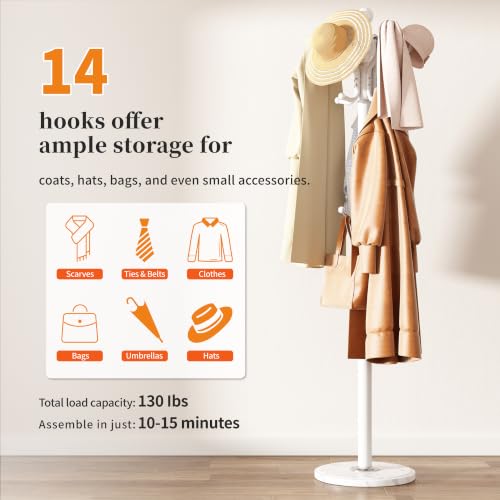 Metal Coat Rack Stand Coat Rack Freestanding with 360° Rotary,White | Modern Coat Rack with 360° Rotary Design Sturdy Heavy Duty Hall Tree Hats Hanger Holder Stand 14 Hooks for Hallway Office - color: White with Rotatable Hooks