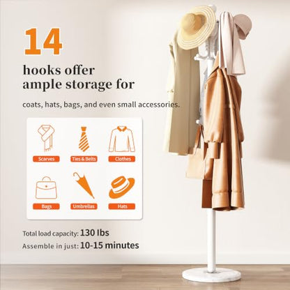 Metal Coat Rack Stand Coat Rack Freestanding with 360° Rotary,White | Modern Coat Rack with 360° Rotary Design Sturdy Heavy Duty Hall Tree Hats Hanger Holder Stand 14 Hooks for Hallway Office - color: White with Rotatable Hooks