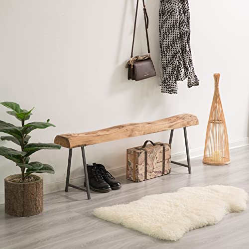 Vintiquewise Rustic Carved Wood Natural Log Accent Bench for Entryway, Indoor and Outdoor