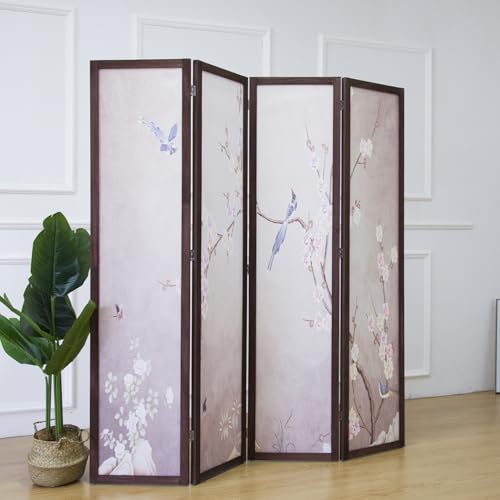 4 Panel Fabric Room Divider with Pattern, 5.6 ft Tall Folding Privacy Screen for Room Separation, Thickened Wood Frame Freestanding Partition Wall, Colourful Plum (67" H x 63" W) - color: Colorful Plum