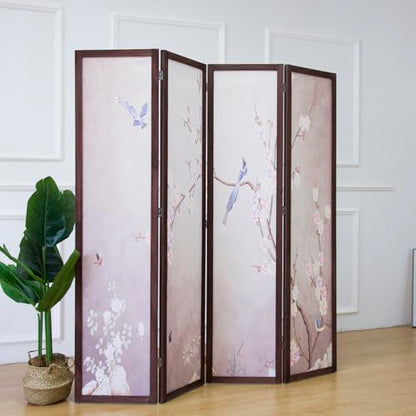 4 Panel Fabric Room Divider with Pattern, 5.6 ft Tall Folding Privacy Screen for Room Separation, Thickened Wood Frame Freestanding Partition Wall, Colourful Plum (67" H x 63" W) - color: Colorful Plum