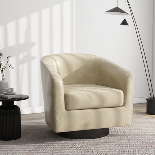 Swivel Barrel Accent Chair, Comfy Reading Armchair, Cream, Set of 1 | Club Chairs for Adults, Low-Back Design, Modern Round Style, Solid Wood Frame & Metal Swivel Base, For Living Room & Bedroom - color: Cream