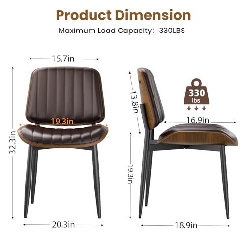 YaFiti Mid Century Dining Chairs with Walnut Bentwood, Set of 2, Brown | Ergonomic Walnut Backrest, Upholstered Waterproof PU Leather Seat, Stable Metal Legs, Adjustable Footpads, Apartment Friendly - color: Brown Pinstripe