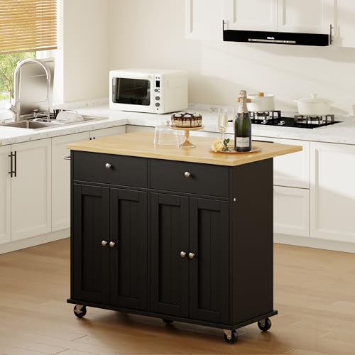 Shintenchi Kitchen Island with Drop Leaf, Rolling Kitchen Cart with Storage on Wheels, Table Bar Cart for Kitchen with Towel Rack & Seating Area for Dining Room, Black - color: Black and Natural