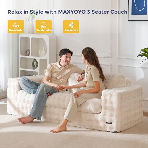 MAXYOYO 3-Seater Boneless Sofa Couch, Modern Bubbled Sofa for Living Room, Soft Bean Bag Chair High-Density Foam Couch with Pillows, No Assembly Required - color: Bubble Beige, size: 3 Seater