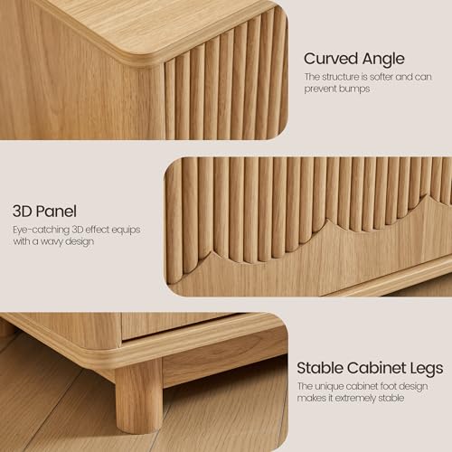 FurSch 62.2" Mid Century Modern Fluted TV Stand, Natural | Low Profile, 3D Slatted & Waved Design Panel, For Living Room Bedroom - color: Natural