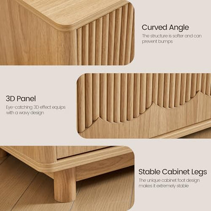 FurSch 62.2" Mid Century Modern Fluted TV Stand, Natural | Low Profile, 3D Slatted & Waved Design Panel, For Living Room Bedroom - color: Natural