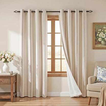 MYSKY HOME Farmhouse Taupe Striped Curtains 100% Blackout for Bedroom 84 Inches Long Tan Ticking Stripe Pinstripe Rustic Linen Blended with Blackout Layer Drapes, Grommet, 2 Panels, 52" Wide - color: Taupe/Blackout, size: 52"W x 84"L (Pack of 2)