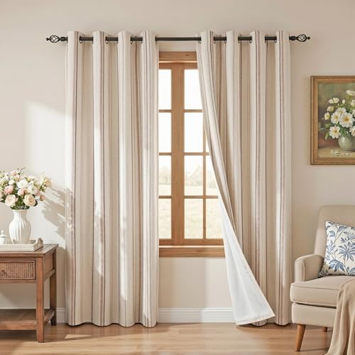 MYSKY HOME Farmhouse Taupe Striped Curtains 100% Blackout for Bedroom 84 Inches Long Tan Ticking Stripe Pinstripe Rustic Linen Blended with Blackout Layer Drapes, Grommet, 2 Panels, 52" Wide - color: Taupe/Blackout, size: 52"W x 84"L (Pack of 2)