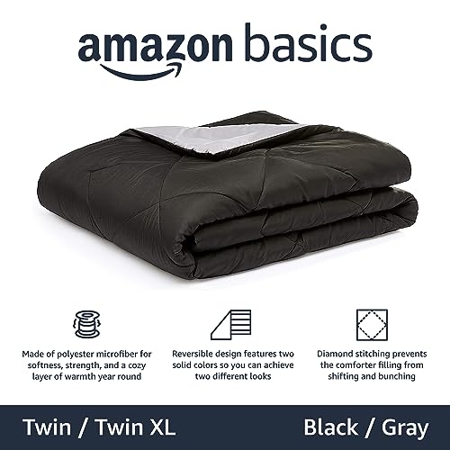 Amazon Basics Comforter Blanket, Reversible, Lightweight Microfiber, All Season, Soft Plush, Machine Washable, Twin/Twin XL, Black/Grey - color: Black / Grey, size: Twin/Twin XL