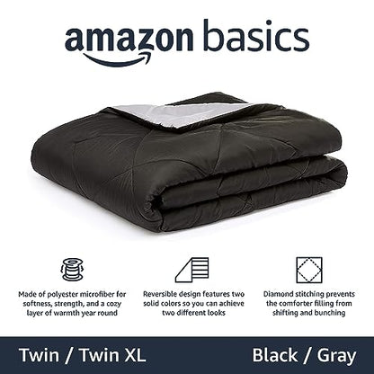 Amazon Basics Comforter Blanket, Reversible, Lightweight Microfiber, All Season, Soft Plush, Machine Washable, Twin/Twin XL, Black/Grey - color: Black / Grey, size: Twin/Twin XL