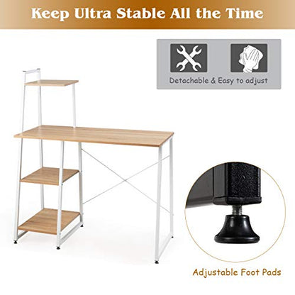 Tangkula Computer Desk with 4 Tier Shelves, Writing Desk Study Desk, Compact Computer Desk Workstation with X-Shaped Metal Frame & Adjustable Foot Pads, Home Office Desk (Natural) - color: Natural & White
