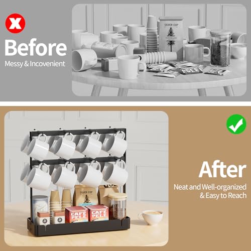 Coffee Mug Holder, 2 Tier Metal Mug Rack with 16 Movable Hooks | Extra Cup Holder for Countertop, Organize Coffee Mugs, Cups, Coffee Pods and Accessories for Kitchen, Coffee Bar, Office
