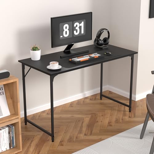 47 Inch Computer Desk with Wood Board and Metal Frame, Modern Simple Style Work Desk with Adjustable Feet, Study Gaming Desk Table for Home Office, Bedroom, Small Spaces - color: Black