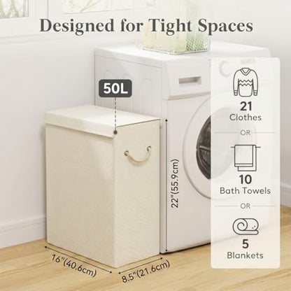 Luxe Slim Collapsible Laundry Hamper with Lid, Beige, 2-Pack, 50L | Polyester Construction, Carry Handles, Removable Liner, Rectangular Shape
