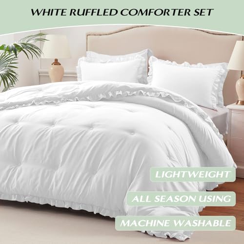 King Comforter Set White - Ruffle Comforter for King Size Bed, Fluffy King Size Comforter Set for All Seasons, 3 Pieces (1 Comforter & 2 Pillow Shams) - color: White, size: King