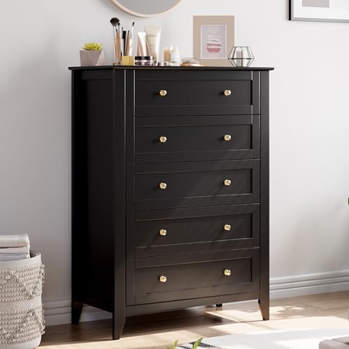 IDEALHOUSE 5 Chest of Drawer Dresser, Modern Wood Organizer Dresser Storage Cabinet with Drawers for Bedroom, Living Room, Entryway, Black | Simply 5 Drawer Dresser for Hallway Entryway, 15.8"D x 31.5"W x 42.5"H, Lacquered Storage Organizer for Living Roo