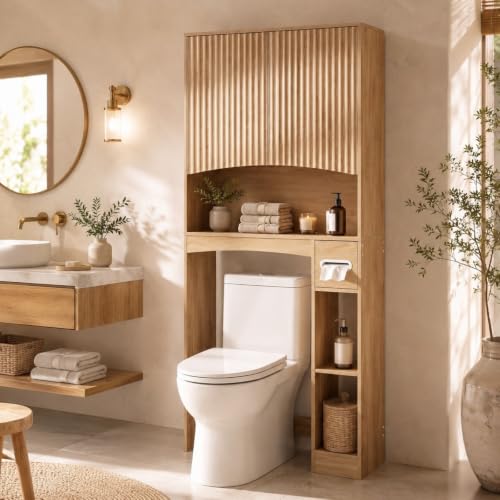 VINGLI Over-the-Toilet Storage Cabinet, 31.5" W Oak Bathroom Space Saver with Fluted Curved Doors, Adjustable Shelf, Reversible Side Shelving, Built-in Toilet Paper Holder and Anti-Tip Kit - color: Natural Oak, size: 8.7"D x 31.5"W x 67"H