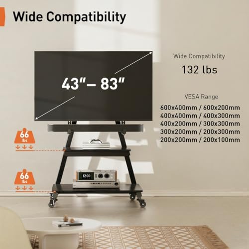 Perlegear Mobile TV Stand with Soundbar Mount, Rolling Floor TV Stand with Wheels for 43-83" TVs up to 132lbs, Mobile TV Cart with Storage Shelves, Tilt Swivel Corner TV Cart Max VESA 600x400mm