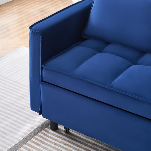 55" Pull Out Sleeper Sofa, Velvet Loveseat with Side Pockets, Blue | Velvet upholstery, 5-level adjustable back, Pull-out bed design, Sturdy frame with side pockets - color: Blue