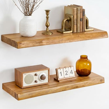 Dreamland Floating Shelves 24 Inch Long, Rustic Solid Elm Wood Live Edge Floating Shelf Wall Mounted, Wall Shelves Set of 2 with Invisible Bracket for Living Room Bathroom Kitchen, Natural - color: Natural, size: Live Edge - 24"L