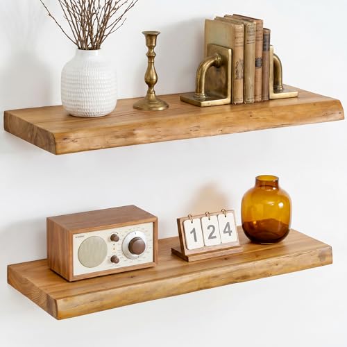 Dreamland Floating Shelves 24 Inch Long, Rustic Solid Elm Wood Live Edge Floating Shelf Wall Mounted, Wall Shelves Set of 2 with Invisible Bracket for Living Room Bathroom Kitchen, Natural - color: Natural, size: Live Edge - 24"L