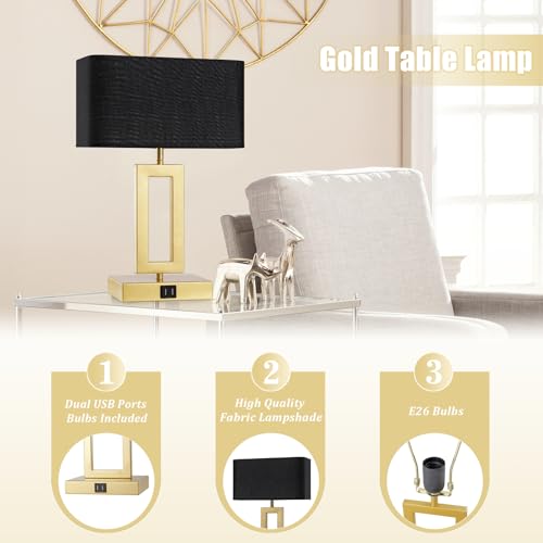 gernehop Black Table Lamps Set of 2 with Dual USB Ports,3-Way Dimmable Touch Control Bedside Lamps,Modern Bedroom Table Lamp for Living Room,Nightstand LED Bulbs Included - color: 16inchBlack&Gold
