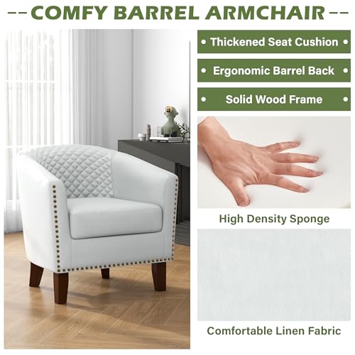 Faux Leather Accent Chair, Modern Barrel Club Chair, White | Comfy Upholstered Armchair for Living Room, Round Club Chair Single Sofa Bedroom Reading Seat | 26"D*29"W*29"H - color: White