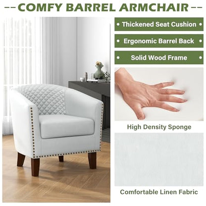 Faux Leather Accent Chair, Modern Barrel Club Chair, White | Comfy Upholstered Armchair for Living Room, Round Club Chair Single Sofa Bedroom Reading Seat | 26"D*29"W*29"H - color: White