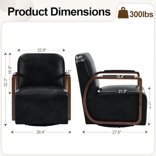 Faux Leather 360° Swivel Barrel Accent Chairs Set of 2, Upholstered Mid Century Modern Reading Lounge Chair with Wooden Armrests & Solid Rotating Metal Base for Living Room Bedroom, Black - color: Black, size: 2 Pack