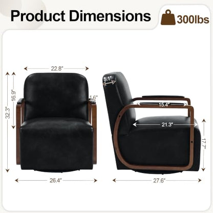 Faux Leather 360° Swivel Barrel Accent Chair, Upholstered Mid Century Modern Reading Lounge Chair with Wooden Armrests & Solid Rotating Metal Base for Living Room Bedroom, Black - color: Black, size: 1 Pack