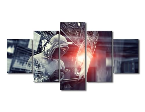 Network Security Poster Print on Canvas Privacy Crime Wall Decor Hacker Holding Laptop Wall Art 5 Pieces Pictures for Bedroom Stretched and Framed Ready to Hang (60"Wx32"H) - color: Artwork-05, size: 60"Wx32"H