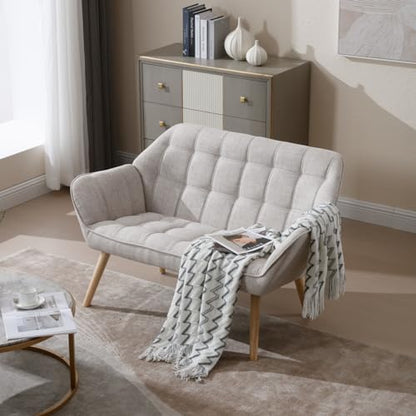 48" Small Loveseat Sofa, Modern Linen Fabric Mini Sofa Couch 2-Seater Love Seat with Quilting Backs and Wood Legs for Living Room, Bedroom and Small Space, Beige - color: Beige
