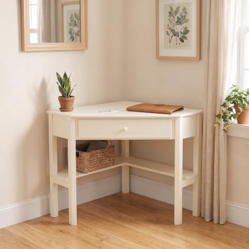 Ellen Wood Small Corner Desk with Wooden Knob Storage Drawer and Shelf – Compact Computer Table for Home Office, Bedroom, or Study (Antique White) - color: Antique White