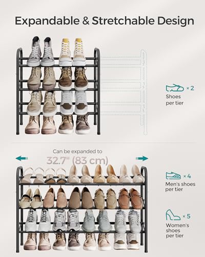 SONGMICS Expandable Shoe Rack, 3 Tier Shoe Rack Shelf, Adjustable Shoe Organizer Storage for 20 Pairs of Shoes, Metal Free Standing Shoe Racks for Closet, Front Door Entryway, Easy Assembly, Ink Black - size: 3 Tier (22.8"H)