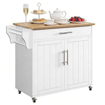 Kitchen Storage Island, Wooden Rolling Kitchen Island On Wheels with Countertop, Mobile Kitchen Island Cart with Towel Rack, Spice Rack and Drawers, White - color: White