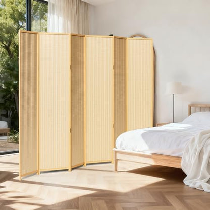 6 Panel Bamboo Room Divider, Folding Privacy Screen, Natural | Pine wood frame, dual-action stainless steel hinges, 5.6FT tall, extends to 94.5 inches wide, no assembly - color: Natural, size: 6 Panel