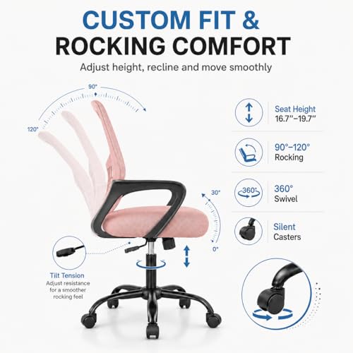 Ergonomic Office Chair, Home Office Desk Chair, Game Chair with Lumbar Support, Breathable Mesh Chairs, Swivel Desk Chairs for Computer, Home, Office, 360° Swivel (Pink) - color: Pink With Fixed Armrest