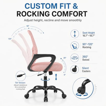 Ergonomic Office Chair, Home Office Desk Chair, Game Chair with Lumbar Support, Breathable Mesh Chairs, Swivel Desk Chairs for Computer, Home, Office, 360° Swivel (Pink) - color: Pink With Fixed Armrest