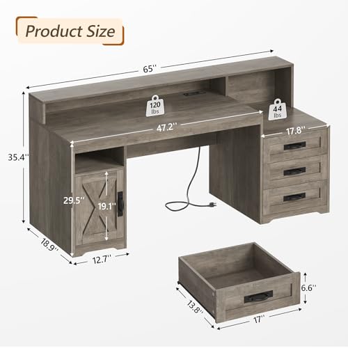65" Farmhouse Computer Desk with Drawers and Printer Stand for Home Office | Office Desk with Power Outlets and Storage Cabinet, Study Writing Desks with Long Monitor Stand, Grey - color: Grey