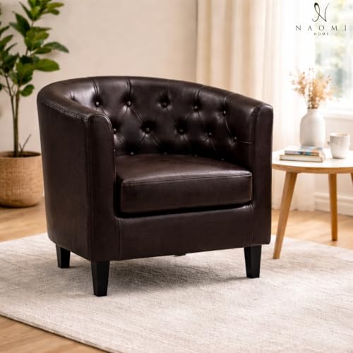 Naomi Home Emma Faux Leather Tufted Barrel Accent Chair - Espresso | Solid wood frame, sturdy legs and easy-clean faux leather create lasting comfort for living room, bedroom or office. - color: Espresso, style: Barrel