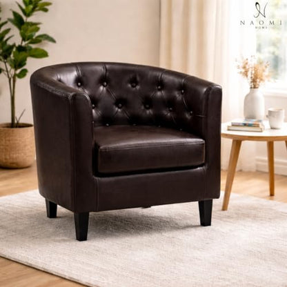 Naomi Home Emma Faux Leather Tufted Barrel Accent Chair - Espresso | Solid wood frame, sturdy legs and easy-clean faux leather create lasting comfort for living room, bedroom or office. - color: Espresso, style: Barrel