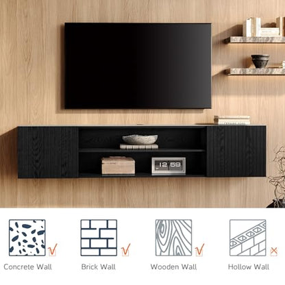 WAMPAT Modern Floating TV Stand with Electric Fireplace, Black | Media Console for TVs up to 80", Wooden Entertainment Center, 36" Fireplace, TV Shelf Cabinet for Living Room or Bedroom
