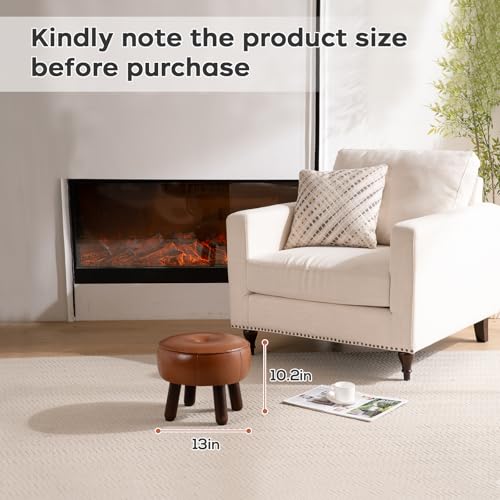oakvivo Small Foot Stool, 13in Round Faux Leather Pouf Ottoman Foot Rest | Footstool Ottomans with Rubber Legs Under Desk, 13''L x 13''W x 10.2''H, Footrest for Couch, Living Room Bedroom, Brown - color: Brown