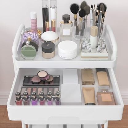 Calmootey 4-Tier Rolling Utility Cart with Drawer,Multifunctional Storage Organizer with Plastic Shelf & Metal Wheel,Storage Cart for Kitchen,Bathroom,Living Room,Office,White | Space-Saving Organizer, Sturdy Plastic Shelves, Smooth-Rolling Metal Wheels,
