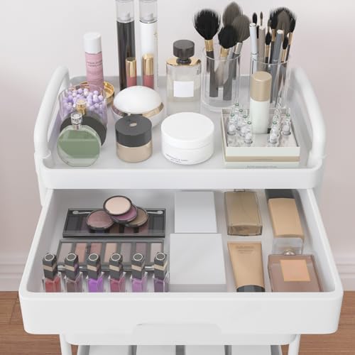 Calmootey 3-Tier Rolling Utility Cart with Drawer,Multifunctional Storage Organizer with Plastic Shelf & Metal Wheels,Storage Cart for Kitchen,Bathroom,Living Room,Office,White | Space-Saving Organizer, Sturdy Plastic Shelves, Smooth-Rolling Metal Wheels,