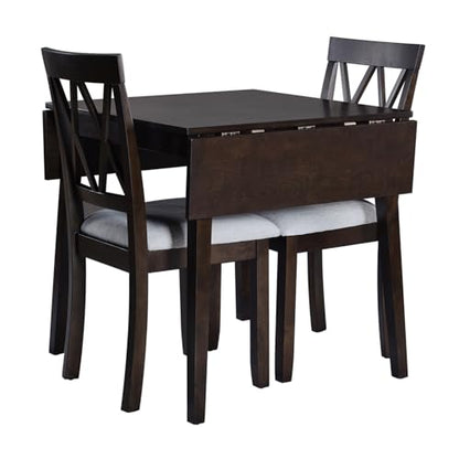 3Pcs Dining Set with Drop Leaf Dining Table and 2 X-Back Chairs, Solid Wood Kitchen Table Set for Small Place, Espresso+Grey - color: Espresso+grey
